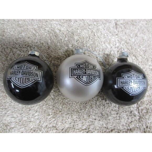 Lot of 3 Harley-Davidson Ornament Black & Silver Glass Christmas Balls With Logo - Picture 2 of 5